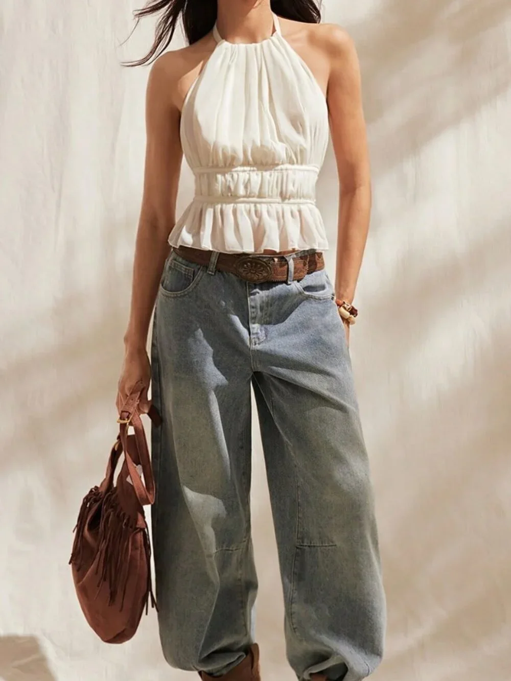 Beige Sexy Women's Pleated Halter Neckline Waist-Tied Backless Tank Top - Picture 3 of 6